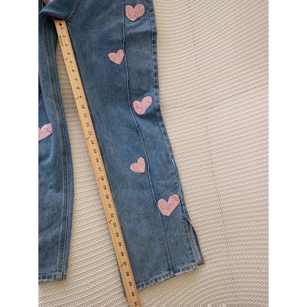 CIDER PINK Closet Sequin Heart Straight Leg Jeans High Rise Side Slit S 25x30 - Picture 6 of 10